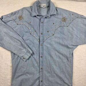 Freego Western Chambray Shirt Womens M Vintage Star Embellished Good Condition